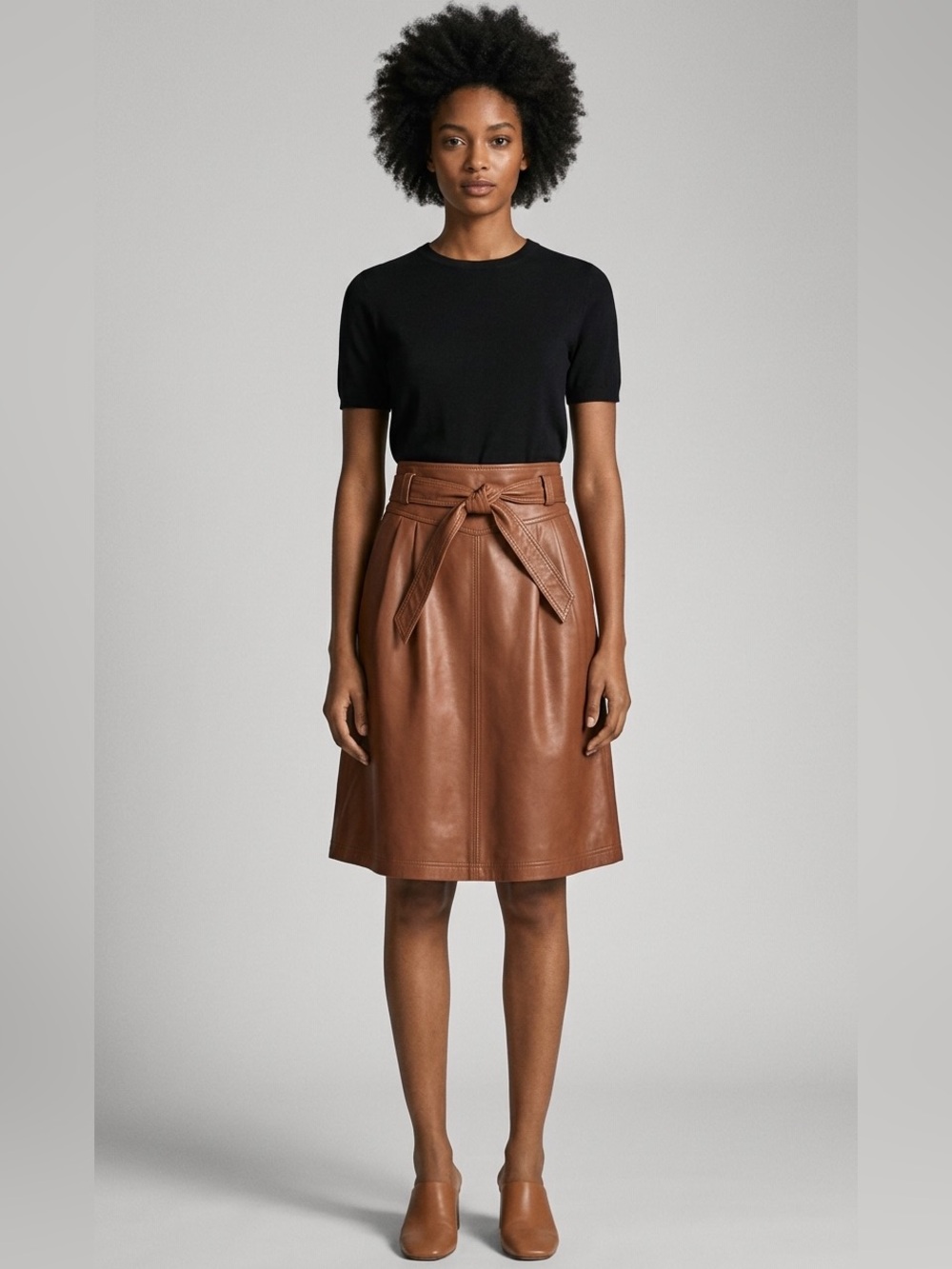 🌷 Massimo Dutti Authentic Sheep Leather A-Line Skirt with Self-Tie Belt #59
